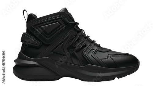 A pair of new, shiny black leather boots for men featuring a classic lace-up style and durable winter sole isolated as a fashion footwear essential for elegant business clothing