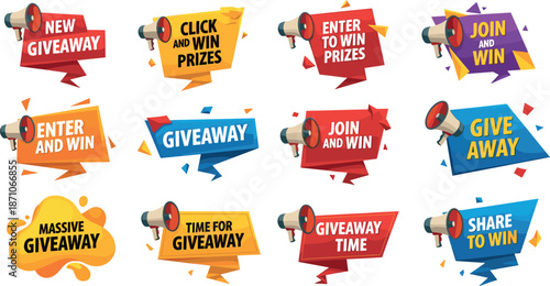 Giveaway promotion badge icons set featuring megaphone announcements, win prizes labels, contest banners, and marketing call to action designs for social media campaigns