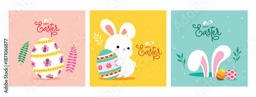 Set of three-square Easter greeting cards featuring a decorated egg, a cute white bunny, and rabbit ears peeking out of a hole with colorful eggs.