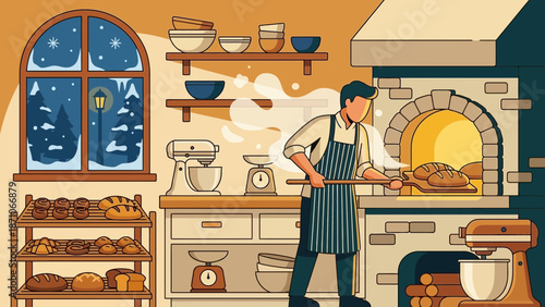 Baker skillfully using a wooden peel to remove freshly baked loaves of artisanal bread from a glowing stone oven inside a warm kitchen during winter