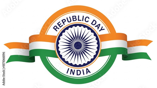 Republic day india celebration emblem with tricolor ribbon and wheel symbol with Indian flag and National symbol and Patriotism and Nationalism