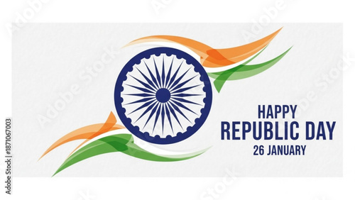 Indian republic day celebration with ashoka chakra symbol and tricolor leaves on white background with Patriotism and National symbol and January 26