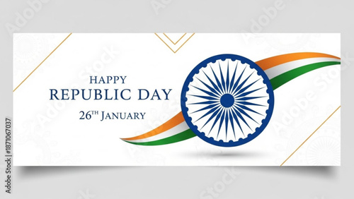 Happy republic day india 26th january celebration graphic with ashoka chakra symbol and tricolor ribbon on white background with Patriotism and National holiday