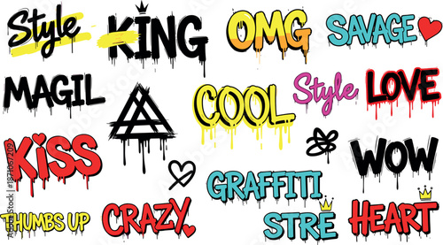 Graffiti street typography icons set featuring bold hand drawn words, urban spray lettering, expressive slogans, and colorful street art text design elements