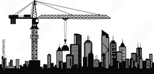 Tower crane silhouette actively constructing towering high rise buildings above a bustling metropolitan cityscape skyline silhouette in black and white graphics