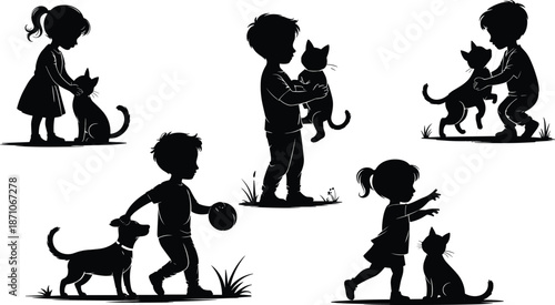 Silhouette of kids playing with pets, dog and cat love, outdoor animal bonding, childhood pet care, friendship vector illustration flat vector illustration