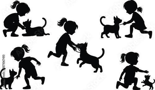 Silhouette of little girl playing with cat, pet interaction, childhood moment, running, bonding, cute animal vector for kids concept

 flat vector illustration