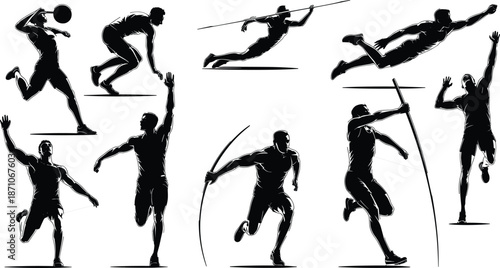 Silhouettes of male athletes competing in shot put, sprinting, javelin, long jump, pole vault, and high jump sports flat vector illustration