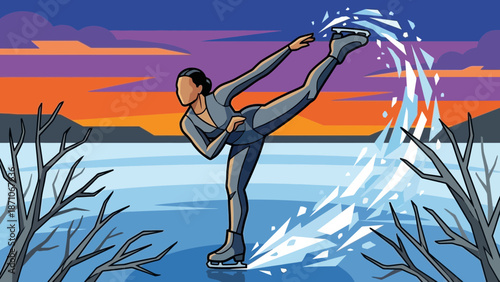 Graceful female figure skater performing a dramatic split leap or arabesque spin variation while carving sharp shards of ice into the frozen outdoor rink against a vibrant sunset sky.