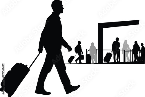Silhouette of a traveler walking with a rolling suitcase while other passengers wait near a terminal structure illustrating airport transit and departure activities