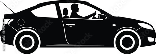 Silhouette graphic depiction of a single driver operating a modern two-door coupe vehicle showing control inputs and basic exterior features against a white background