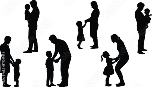 Silhouettes of Parents and Children Bonding – Heartwarming Family Moments in Black and White for Emotional Connection and Parenting Themes flat vector illustration