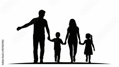 Silhouette of a happy family walking together holding hands.