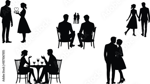 Silhouettes of Romantic Couples Dining, Walking, and Sharing Love – Perfect Stock Image for Relationship, Valentine's Day, and Dating Themes flat vector illustration