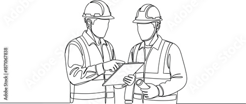 Black-and-White Line Drawing of Two Construction Workers Reviewing Plans with Clipboard and Blueprint in Industrial, Engineering, or Site Planning Context