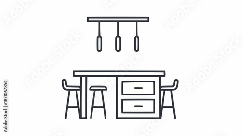 Modern Kitchen Island with Bar Stools and Overhead Lighting Fixture.