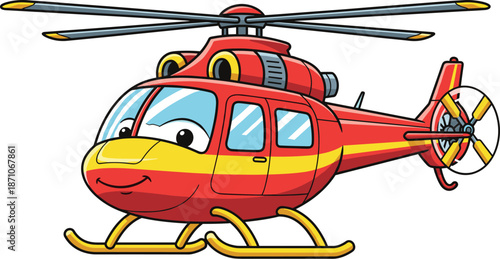 Cartoon Red and Yellow Helicopter with Smiling Face and Heart Balloon in Playful, Child-Friendly Scene for Love and Celebration