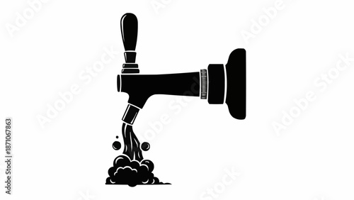 Beer tap pouring frothy beverage into glass close up isolated on white background.