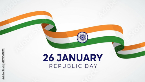 Indian republic day celebration with tricolor ribbon and emblem on white background with Indian flag and India emblem and Patriotic symbol and National holiday