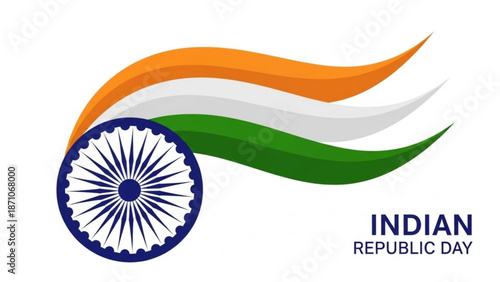 Indian republic day celebration with orange white and green wavy stripes and blue wheel symbol on white background with India flag and national symbol