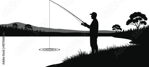 Silhouette of a lone fisherman casting a line into the calm water near the shore during a peaceful sunrise over distant, layered hills