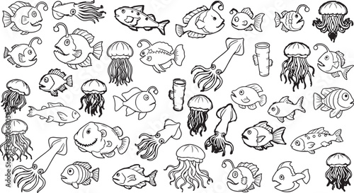Collection of hand drawn sea creatures and marine life illustrations