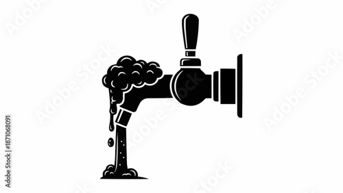 Beer tap pouring frothy dark beer with bubbles and liquid.