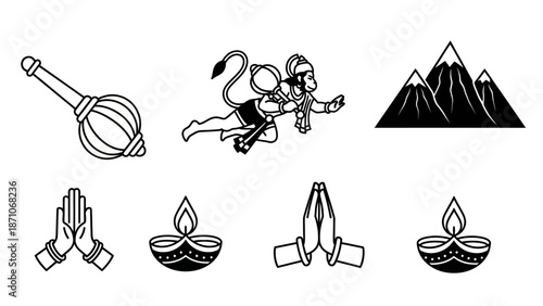 Vector graphics icons representing spirituality, strength, and nature with Hindu deities and cultural symbols
