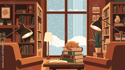 Cozy winter scene featuring a sleeping orange cat curled up comfortably atop a tall stack of thick books next to a brightly lit window showing falling snow outside the library room