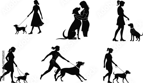 Silhouettes of women walking, playing, and bonding with dogs, perfect for pet care, lifestyle, dog training, outdoor, and love themes.

 flat vector illustration