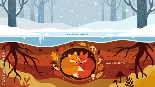 Two adorable cartoon foxes are nestled closely together for warmth inside a cozy underground burrow while a snowy winter landscape covers the frozen surface above them