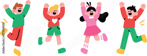"Happy children jumping and celebrating, colorful flat vector illustration, playful kids with raised hands, joyful diverse cartoon characters"

flat vector illustration