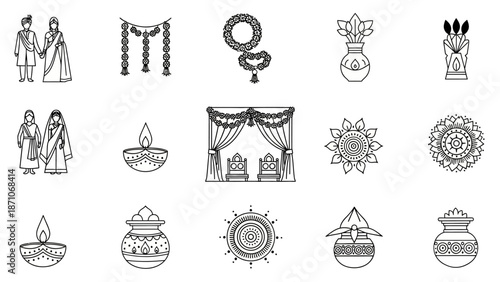 Indian Wedding Icons Collection Traditional Symbols and Rituals Representing Marriage Ceremonies