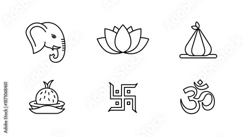 Collection of Indian religious and cultural symbols, including an elephant, lotus flower, coconut, swastika, and Om symbol, presented as line art icons