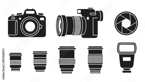 Set of camera equipment icons, including a DSLR camera, lenses, a flash, and a diaphragm