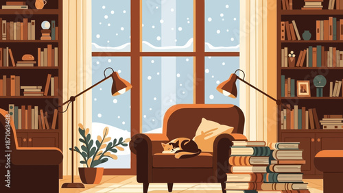Cozy winter scene depicting a sleeping cat resting comfortably upon an armchair surrounded by towering bookshelves and warm reading lamps while gentle snow falls outside the large window pane