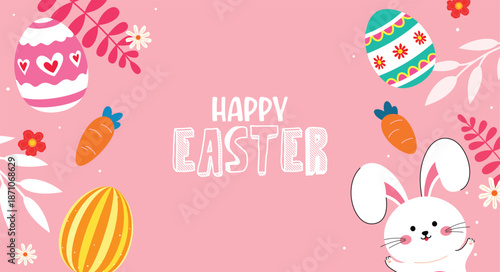 A pink horizontal Easter banner featuring Happy Easter text, a cute white bunny, decorated eggs, carrots, and spring flowers.