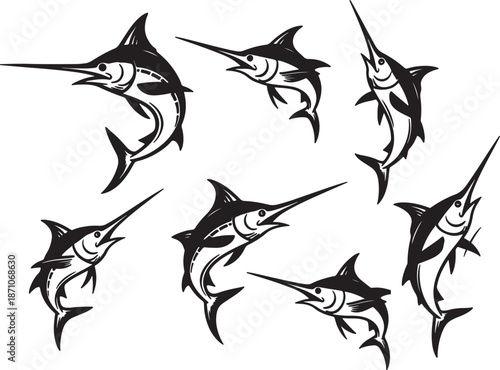 Group of stylized marlin fish swimming in circular motion