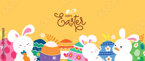 A horizontal Easter banner with cute white bunnies peeking out from behind a row of colorful decorated eggs on a yellow background.