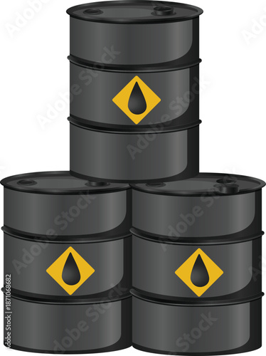 Black liquid oil barrels flowing from steel black barrel vector illustration