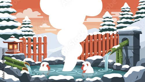 Adorable japanese snow monkeys enjoying a relaxing soak in a steamy outdoor onsen hot spring pool surrounded by snowy winter landscape elements including fir trees and a stone lantern