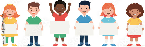Happy children holding blank sign boards vector illustration with diverse kids characters for education, protest, announcement and message display design