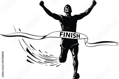 Silhouette of triumphant runner bursting through the finish line banner with arms raised high in victory after completing the race
