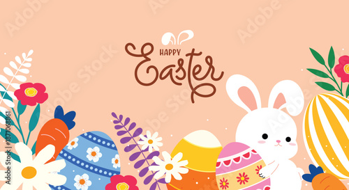 A horizontal Easter banner with Happy Easter calligraphy, a cute white bunny holding a decorated egg, and spring flowers on a peach background.