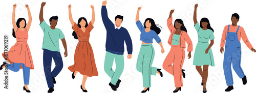 Happy diverse people dancing together vector illustration showing joyful men and women celebrating freedom, community and positive emotions in flat modern style isolated on white background