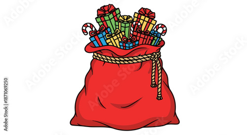 A full red Santa Claus sack overflowing with colorful wrapped Christmas presents and candy canes.