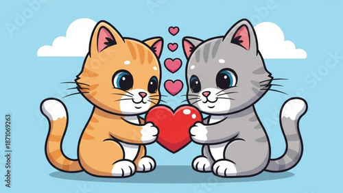 Two cute cartoon cats holding a heart with hearts floating in the air on a blue background with clouds with cats holding heart with love