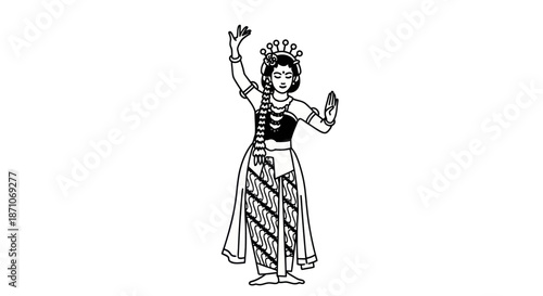 Traditional Dancer in Cultural Attire Performing Graceful Pose Line Art.