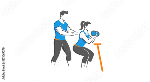 Personal Trainer Assisting Woman with Dumbbell Squats and Cane Support.