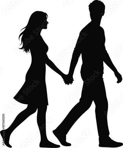 Silhouette of a couple walking together hand in hand depicting romance togetherness journey and eternal commitment against a stark white background